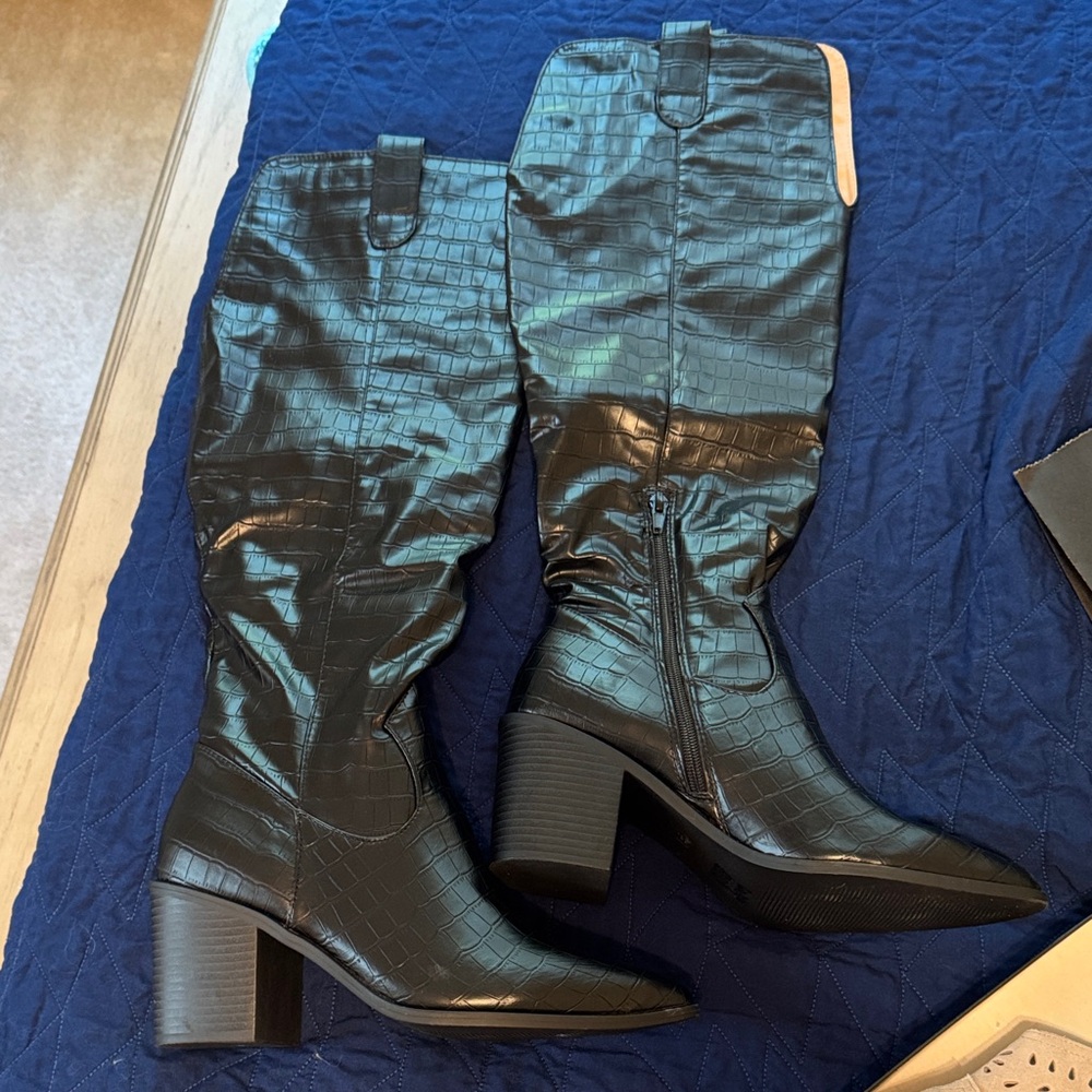 Black Croc-Embossed Knee-High Boots